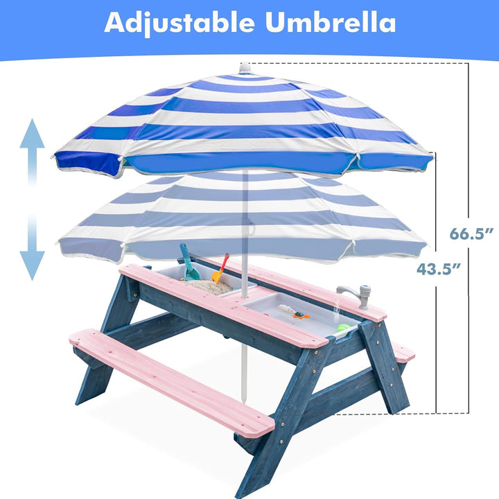 Kids 3-In-1 Sand & Water Table, Wood Outdoor Convertible Picnic Table with Umbrella, 2 Trays, Removable Top with Faucet, Picnic for Outdoor (Pink/Navy)