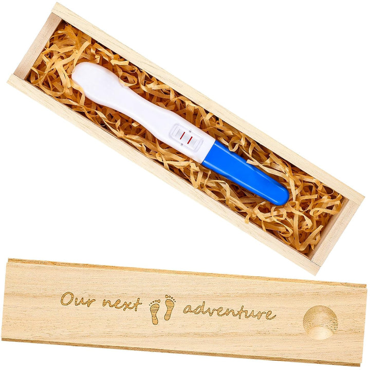 Pregnancy Test Keepsake Box Surprise Pregnancy Announcement Box Wooden Baby for Husband Grandparents Baby Memory Souvenir Collection Case with Raffia Ribbon(Classic)