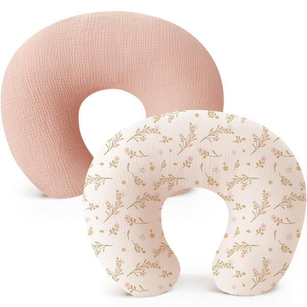 2-Pack Muslin Nursing Pillow Covers, Soft & Adorable Nursing Covers for Breastfeeding Pillows, Slipcovers for Newborn Boys & Girls(Pink, Floral)