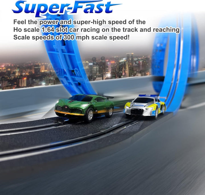 Slot Car Race Track Set, High Speed Series Tram Dual Track Set with 4 Licensed Racing Slot Cars, 2 Hand Controls, Track Parts and Lap Counter, 5.7M Long Track, Black