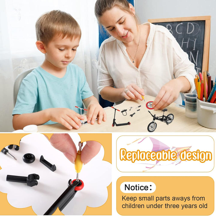 18 Pieces Finger Toy Set Including Alloy Finger Bikes, Finger Scooter, Finger Pants, Replacement Wheels, Bike Lock and Mini Tools Movement Party Favors(Black, White, Blue)