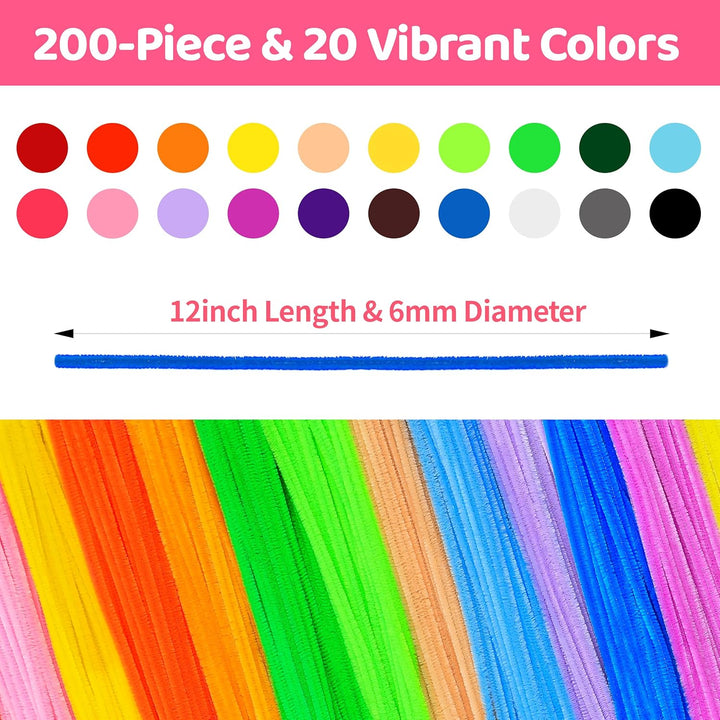 200Pcs Multicolor Pipe Cleaners, 20 Colors Chenille Stems for DIY Crafts & Art Projects, Includes Beginner'S Manual (12Inch X 6Mm)