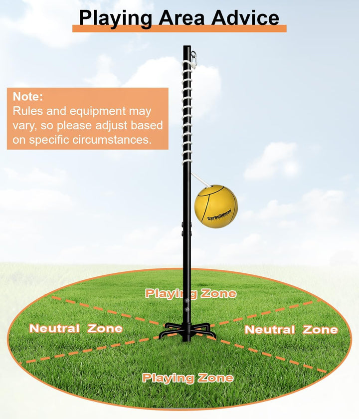 Tetherball Set with Ball & Rope for Outdoor Backyard, Adjustable Tether Ball Pole with Screw Reinforcement 5-Prong Base for Playground, outside Ball Games Sports for Kids & Adults