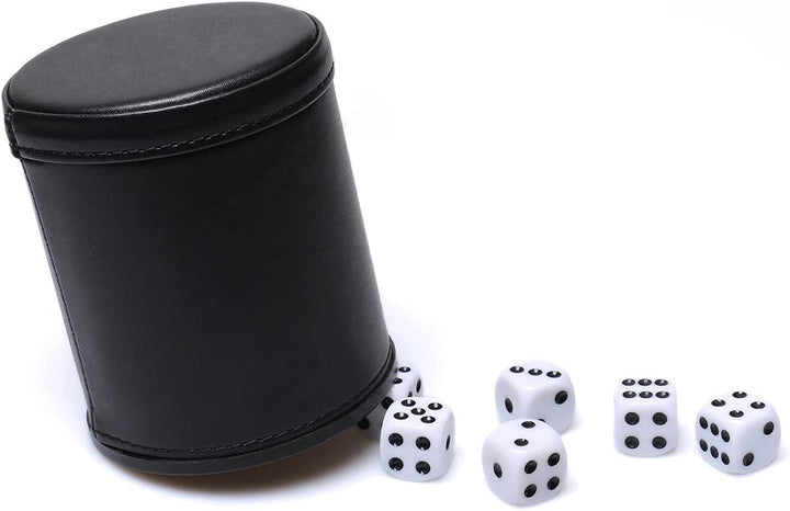 Felt Lined PU Leather Dice Cup Set with 6 Dot Dices (Black, Pack of 1)