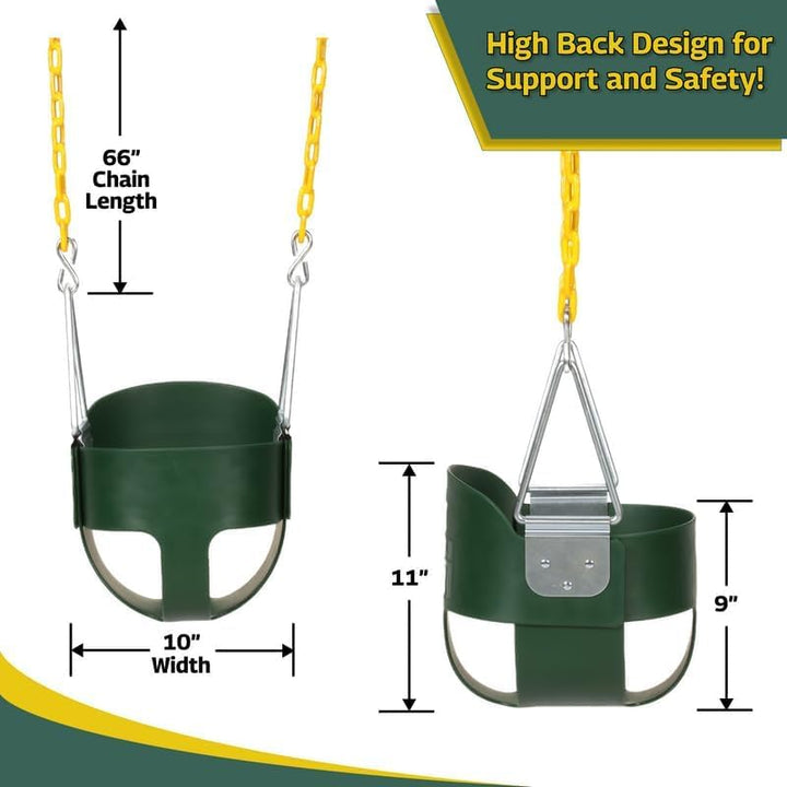 Heavy-Duty High Back Full Bucket Toddler Swing Seat | Coated Swing Chains Fully Assembled | Green Swing Set Accessory