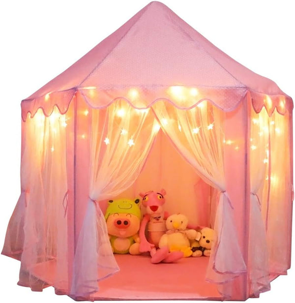 Princess Castle Playhouse Tent for Girls with LED Star Lights – Indoor & Outdoor Large Kids Play Tent for Imaginative Games – ASTM Certified, 230 Polyester Taffeta. Pink 55"X53".