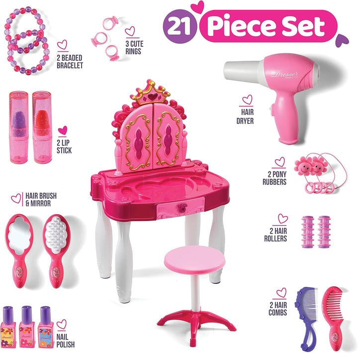 Pretend Play Girls Vanity Set with Mirror and Stool 21 PCS - Kids Makeup Vanity Table Set with Lights and Sounds - Includes Fashion Hair & Makeup Accessories