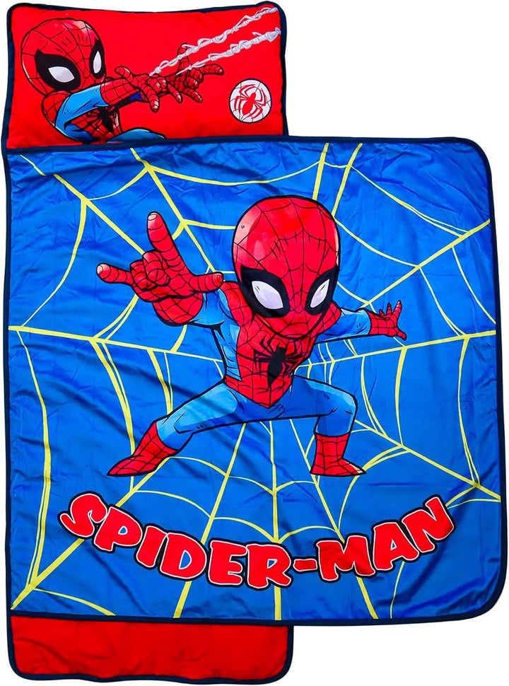 Toddler Nap Mat with Built-In Pillow and Blanket - Soft 46 X 20-Inch Microfiber Kids Sleeping Bag for School or Sleepover, Blue - Spidey & His Amazing Friends