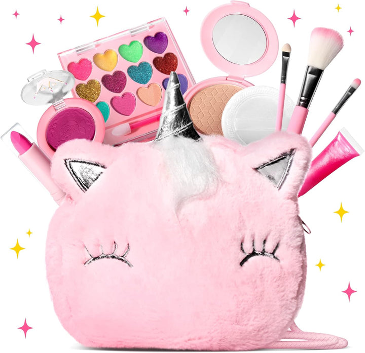 Kids Real Makeup Kit for Girls with Fluffy Purse - Real, Non Toxic, Washable Make up Toy - Umicorn Toys Gift for 3 4 5 6 7 8 Years Old Girls Birthday (Pink Umicorn)