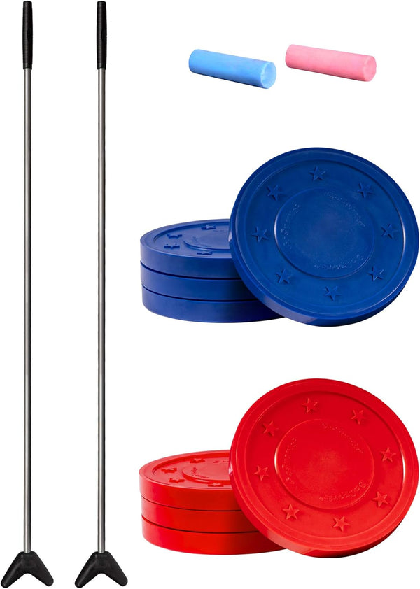 Driveway Shuffleboard Game Set - Includes 2 Shuffleboard Cue Sticks, 8 Pucks, 2 Pieces of Chalk