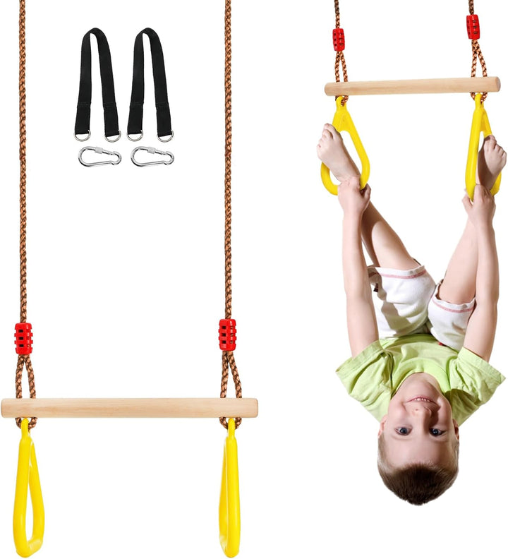 Trapeze Bar, 16" Adjustable Height Wooden Swing Set for Kids, Trapeze Climbing Bar Assembly with Rings, Gym Hanging Accessories Playground Attachments
