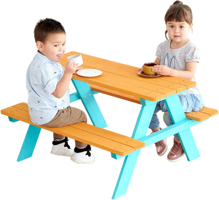 - Wooden Outdoor Child Children Kids Picnic Table & Chair Bench Set - Brown/Aqua