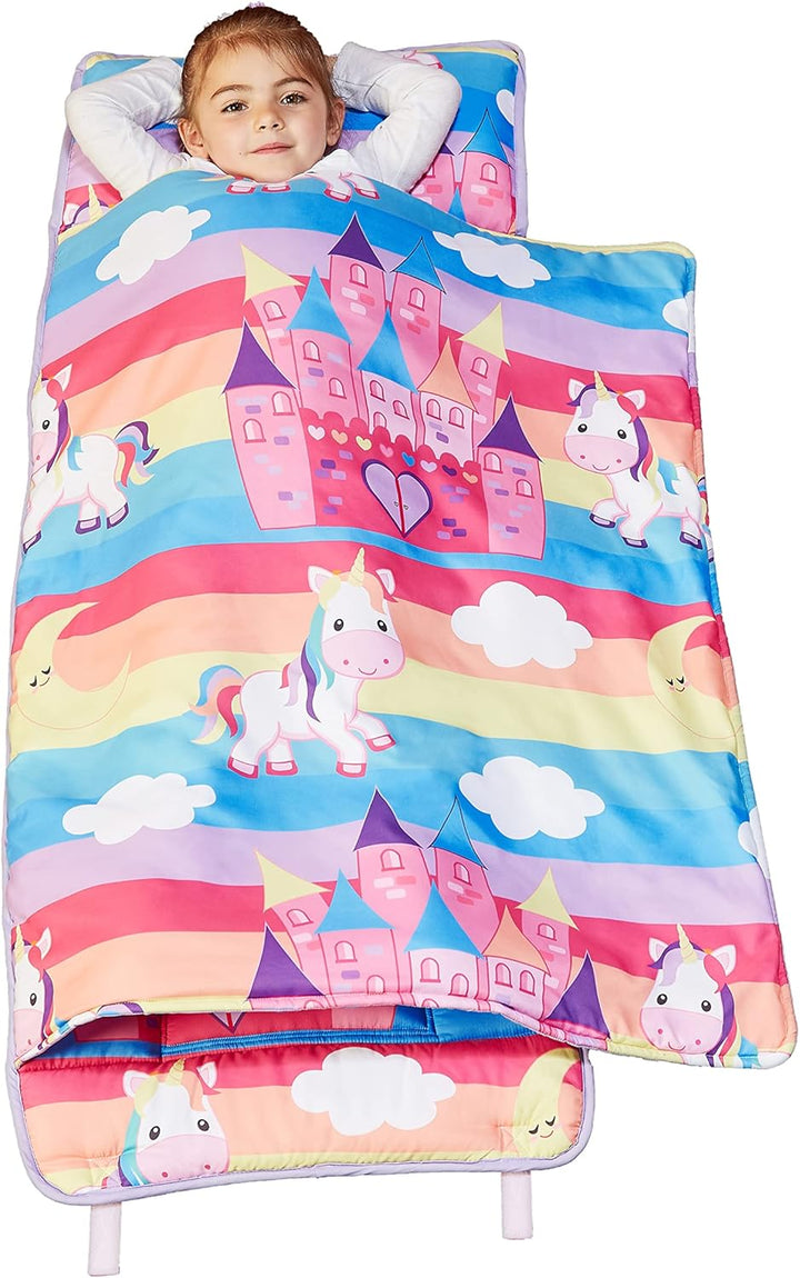 Toddler Nap Mat with Removable Pillow -Underwater Mermaids- Carry Handle with Fastening Straps Closure, Rollup Design, Soft Microfiber for Preschool, Daycare Sleeping Bag, Ages 2-6 Years