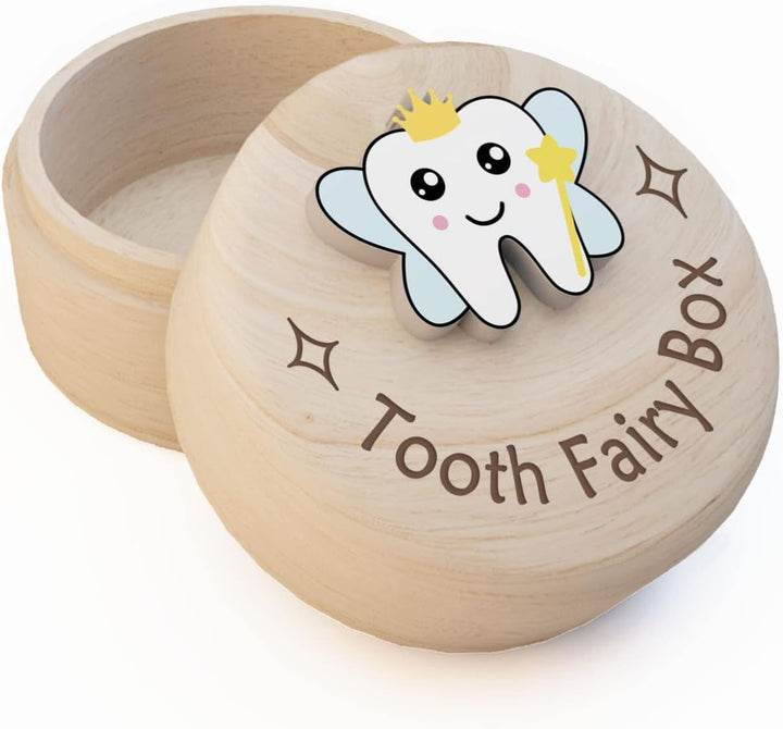Tooth Fairy Box for Girls, Cute Carved Wooden Box with 3D Tooth, Stores Lost Teeth for Kids, Souvenir Dropped Tooth Keepsake Storage Box Gift for Little Girl（P-Wings-T）