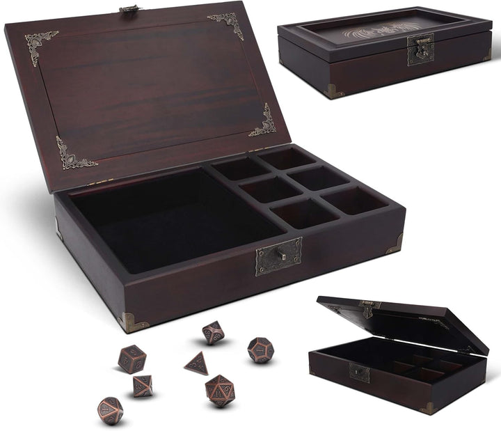 DND Dice Tray 3 in 1 - Dice Box with D&D Dice Metal - Wooden Dice Tray | DND Dice Box with DND Journal for RPG Table Games (200 Page) - DND Set for Dungeons & Dragons Players -