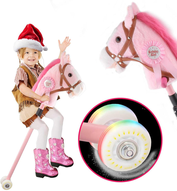 Stick Horse, Hobby Horse on a Stick for Children Ages 4-12 Adjustable 30-51" Length with Illuminated Silent Wheels Comfortable Sponge Wrapped Complimentary Battery Realistic Horse Neighs.