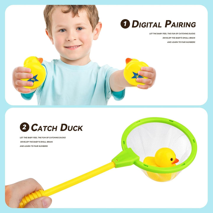 Duck Matching Game Toys for Kids - 20 Plastic Ducks with Numbers,34" X 7" Kiddie Pool | Storage Bag, 2 Nets - Fun Memory Games - Water Outdoor Game for Children,Preschoolers,Birthday Party Carnival