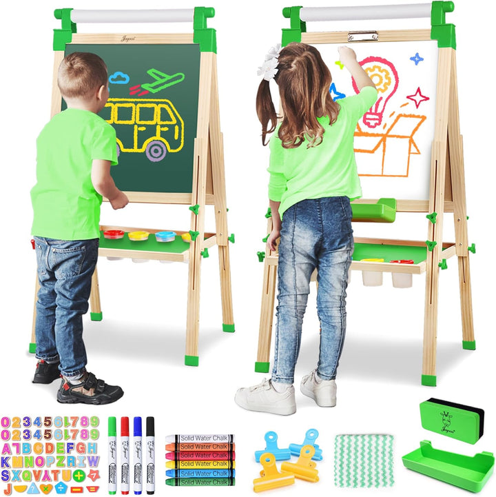 Kids Wooden Easel with Paper Roll - Adjustable Magnetic Double Sided Drawing Board Whiteboard & Chalkboard Dry Easel Board, Children Art Easel for 3~12 Years Kids Boys Girls Painting Drawing