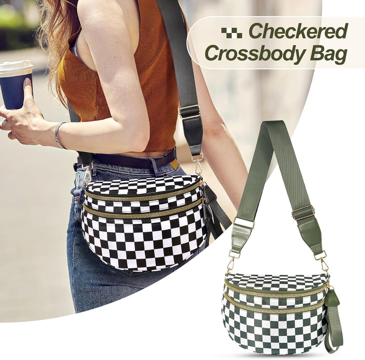 Mommy Bum Bag Crossbody, 2025 Trendy Checkered/Solid Nylon Waterproof Adjust Wide Straps Large Mom Diaper Bag
