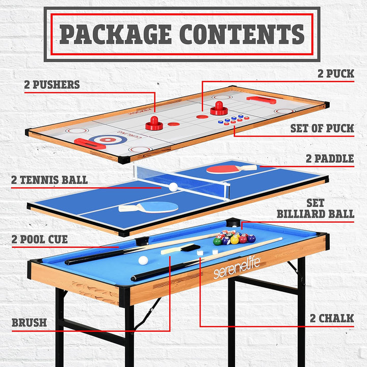 4 in 1 Multi Game Table, 4’X2’ Folding Portable Sports Arcade Games with Accessories, Ping Pong, Air Hockey, Pool Billiards, and Shuffleboard, for Indoor, Outdoor, All Ages