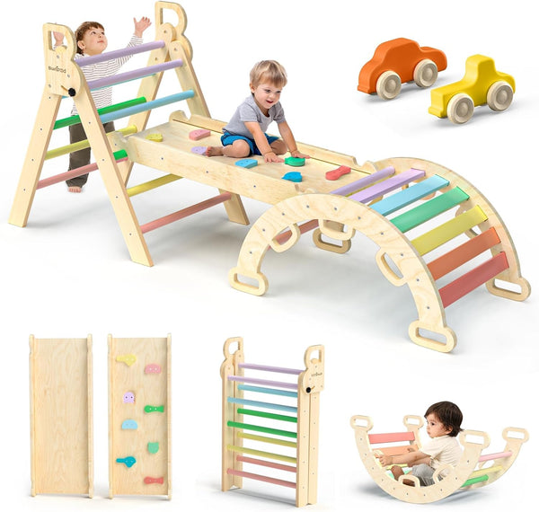 Pikler Triangle Set 7In1 Foldable Baby Climbing Toys Wooden Montessori Climbing Set with Arch&Ramp&Ladder Baby Climber Indoor Jungle Gyms for Toddlers Montessori Toys - Rainbow