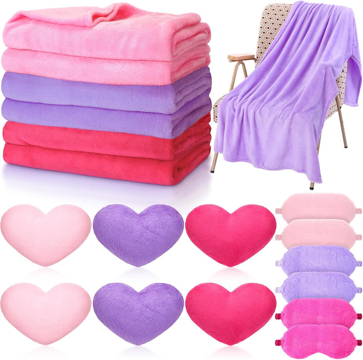 18 Pcs Kids Sleepover Party Supplies Set for Girls Fleece Soft Blankets Fluffy Heart Throw Pillow Plush Sleep Eye Mask for Spa Camping Birthday Favors(Light Pink)