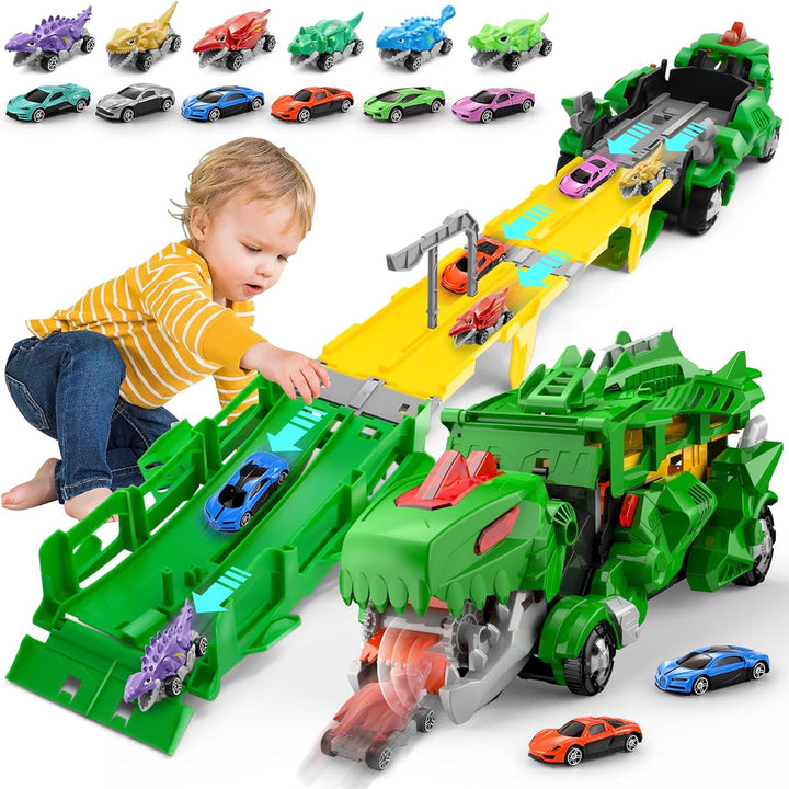 Dinosaur Car Toy with 12 Alloy Cars,45 Inch Foldable Track & Launch Button for Two-Player Racing,Transforms into Dino & Swallow System,Ideal Xmas Birthday Gift for Boys Girls Ages 3-12 (Blue)