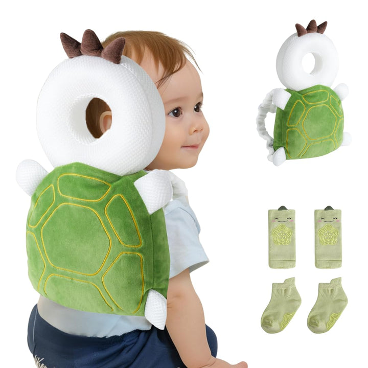 Baby Head Protector Backpack (9 to 24 Months) - Cute Head Guard Pillow with Knee Pads and Socks, Crawling and Walking Safety Set, Toddler Head Cushion Backpack, Blue