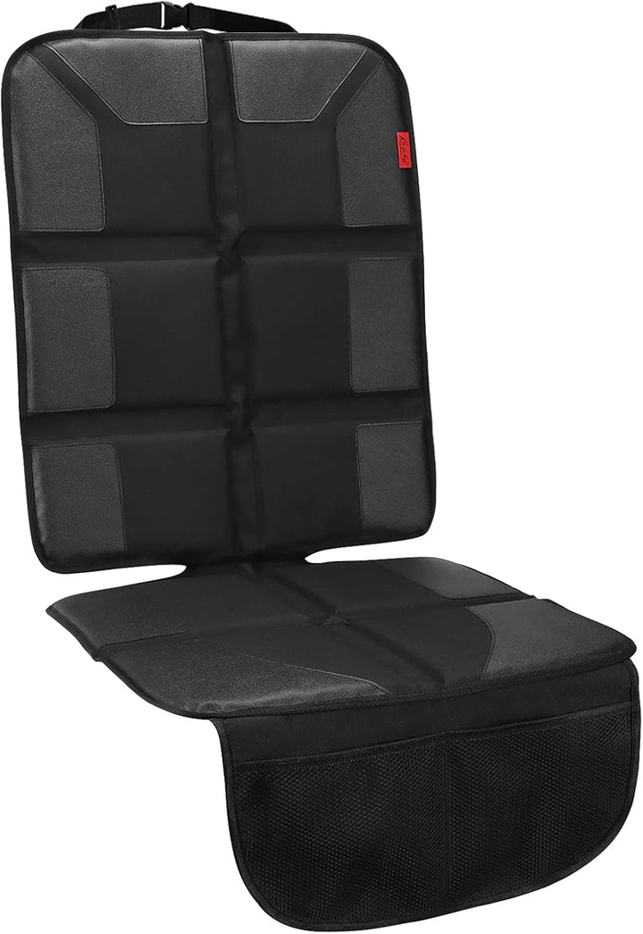 Car Seat Protector - Seat Protection Mat - Thick Padding - Durable, Waterproof Fabric, Leather Reinforced Corners & 3 Pockets for Handy Storage Black