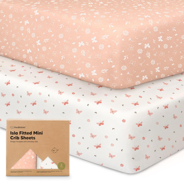 Pack and Play Sheets Fitted - 2-Pack Mini Crib Sheets for Pack N Play Mattress 38X26, Soft & Cozy, Neutral Toddler Playard Bedding, Snug Fitted Mini Baby Crib Mattress Cover Boy, Girl (Butterflies)