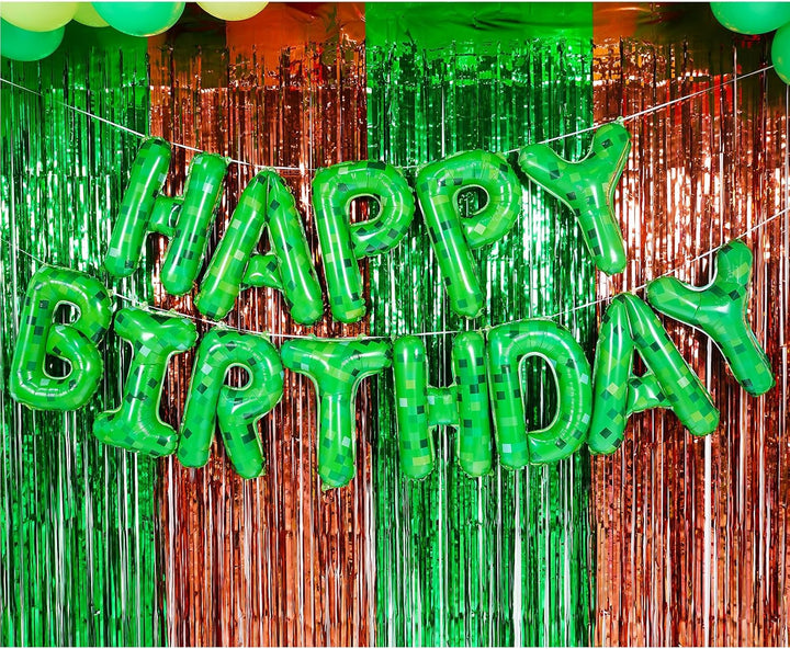 TNT Pixel Happy Birthday Banner Party Decorations Foil Balloons Letters Signs Blast Gaming Party Miner Supplies for Boy Girl