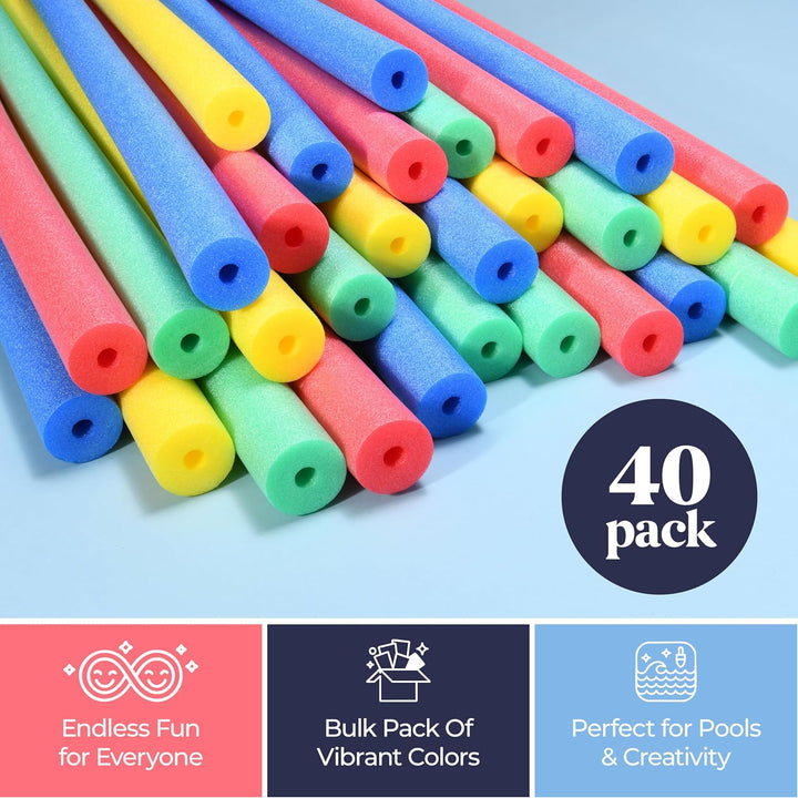 Pool Noodles Foam 40 Pack - Soft Rainbow Foam Noodle Tube, 4 Colors Bulk Swim Noodles, Multi-Purpose, Pool Toy, Floating Training Device, Exercise Aid, Craft Projects