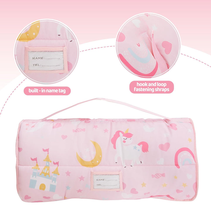 Toddler Kid Nap Mat for Preschool, Girls Pink Princess Slumber Bag, Daycare Sleeping Bag with Pillow and Blanket, Kindergarten Sleep Mat
