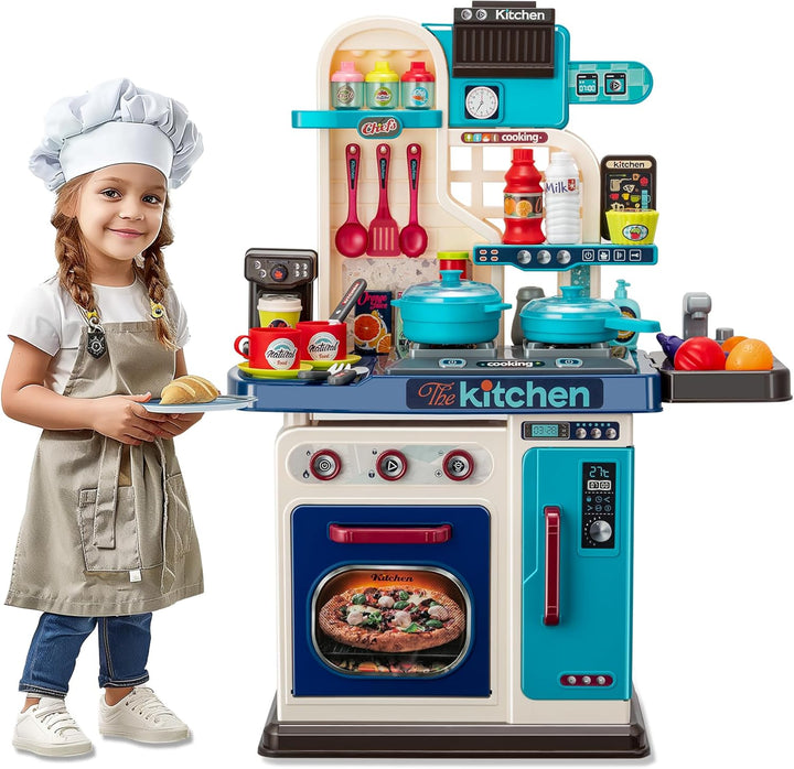 Kids Kitchen Playset-53Pcs Cooking Stove,Paly Sink,Oven,Kitchen Toys with Realistic Lights&Sounds，Pretend Play Toys,Kitchen Toys for Toddlers 1 2 3 (Pink)