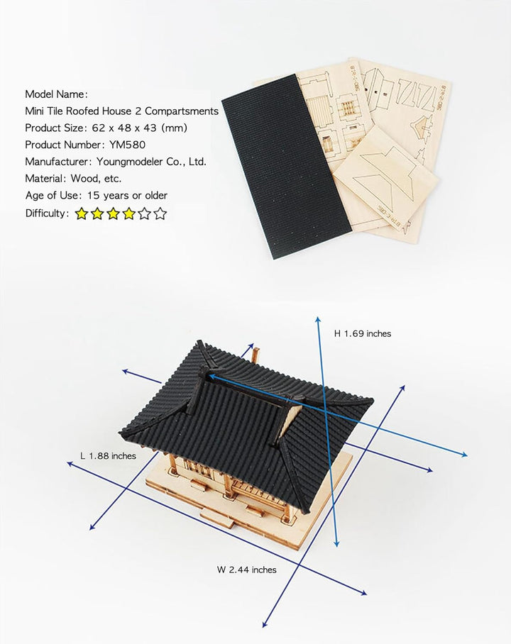 Mini Tile Roofed House 2 Compartsments, Wooden Creative Model Kits, Detailed Model Kits for Enthusiasts and Collectors 미니기와두칸