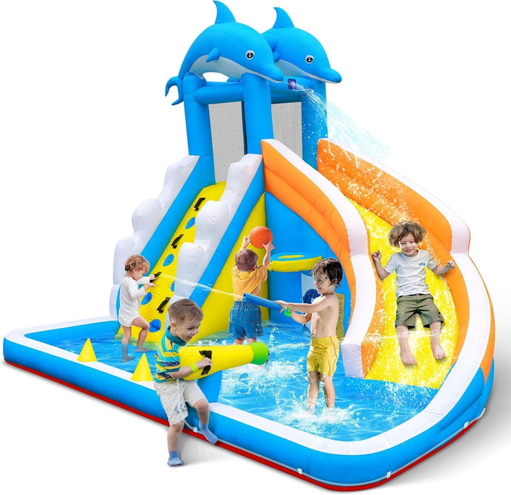 Inflatable Water Slide: 6 in 1 Bounce House Water Park for Kids - Climbing Wall Splash Pool 2 Water Cannon 2 Slide Basketball Rim - 550W Blower - for Outdoor Backyard Birthday Party