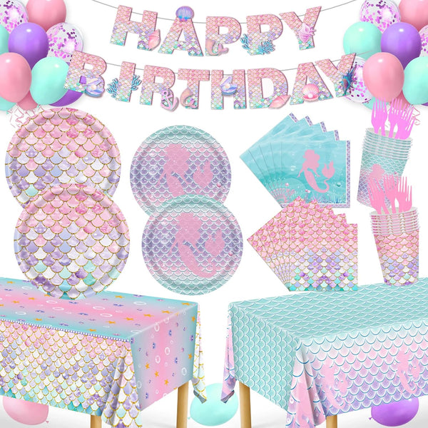 Mermaid Birthday Decorations, 147Pcs Mermaid Party Supplies-Serves 24 with Plates and Napkins Tablecloth and Birthday Banner Balloons for Mermaids Girl Birthdays Decorations