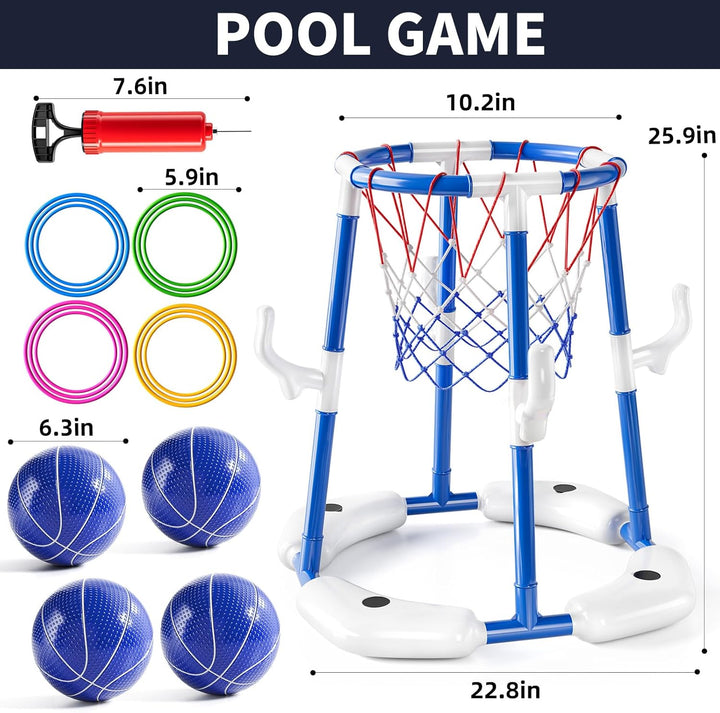 Pool Basketball Hoop, 2-In-1 Floating Pool Toys Ring Game with 4 Balls and Pump, Outdoor Swimming Pool Basketball Games Water Play Toy Family Party for Kids Adults Age 3-12 (Blue)