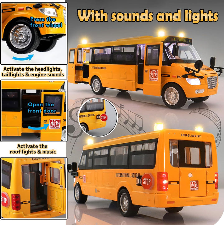 School Bus Toy Die Cast Vehicles Yellow Large Alloy Pull Back 9'' Play Bus with Sounds and Lights for Kids