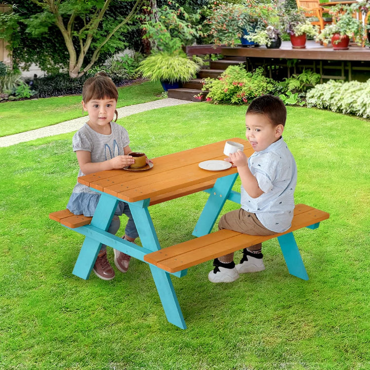 - Wooden Outdoor Child Children Kids Picnic Table & Chair Bench Set - Brown/Aqua