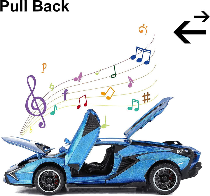 Lambo Toy Cars Sian Fkp37 Diecast Metal Model Car with Light and Sound Pull Back Car Toys for Boys Age 3 + Year Old (Blue)