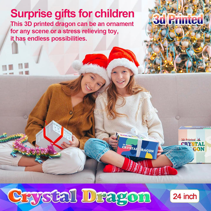 24 Inch Large Glow in the Dark 3D Printed Crystal Dragon Toy,Dragon Figurine Large Toy for Kids(Luminous Rainbow)