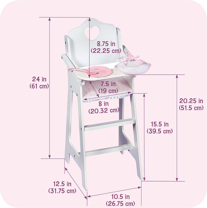 Wooden Baby Doll High Chair - Fits 18" Dolls - Includes Tray, Bib & Free Personalization Kit - Best for Toddler Girls for Pretend Play - White with Pink Gingham Seat