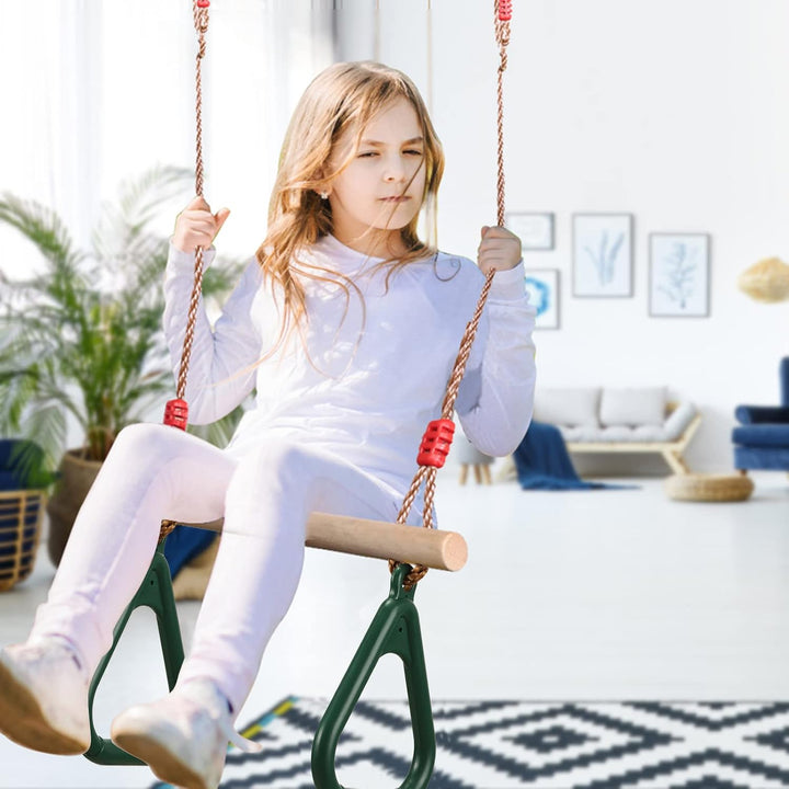 Playground Children'S Wooden Trapeze Swing Bar with Plastic Gym Rings Swing Set for Indoor & Outdoor Fun