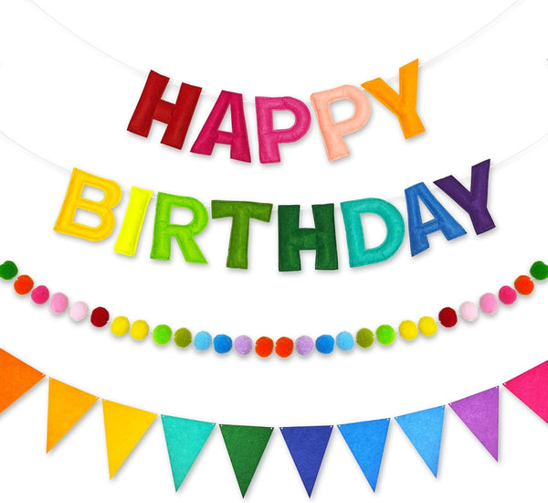 Rainbow 3D Happy Birthday Banner, Felt Garland, Triangle Pennants, Reusable Party Decorations