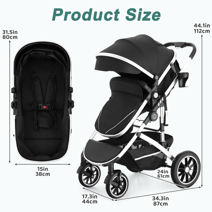 Baby Stroller with Bassinet, Convertible Infant Stroller with Adjustable Backrest & Canopy for Baby, Foldable Newborn Pushchair with Reversible Seat and Cover for 0-36 Months (Dark Black)