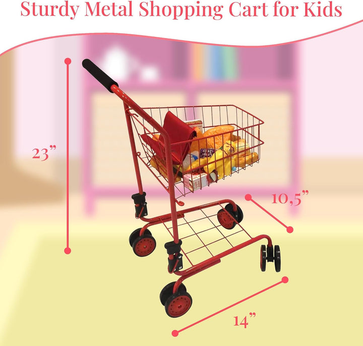 Toy Shopping Cart for Kids and Toddler - Includes Food - Folds for Easy Storage - with Sturdy Metal Frame (Red)