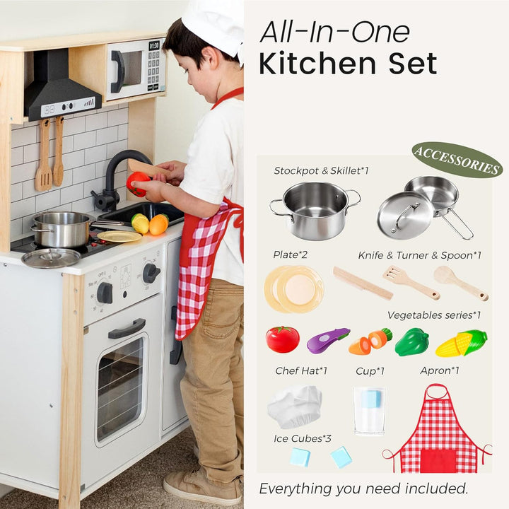 Play Kitchen for Kids, Wooden Kids Play Kitchen Playset Chef Pretend Play Set for Toddlers with Real Lights & Sounds, Toys Kitchen with 18 Pcs Toy Food & Cookware Accessories