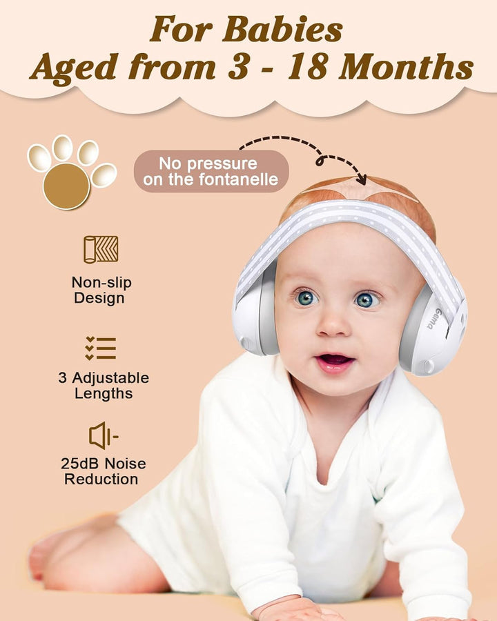 2-In-1 Baby Ear Muffs Noise Protection, Adjustable Headphones with Stretchy Band, Noise Cancelling for Toddler up to 4 Years, Airplane Essentials/Outdoor, White