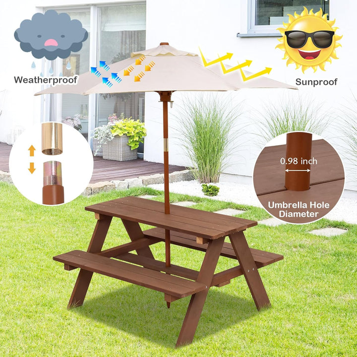 Kids Picnic Table, Outdoor Wooden Bench Set W/Removable Umbrella, Children Backyard Furniture for Patio Garden, Toddler Picnic Table for Outdoors, Gift for Boys Girls, Walnut